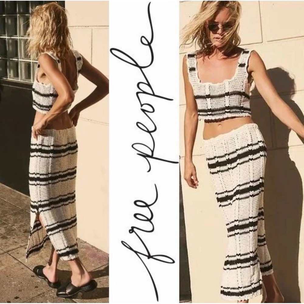 Free People Beach Crochet Set Women Medium Ivory Black Good Striped 2-Piece